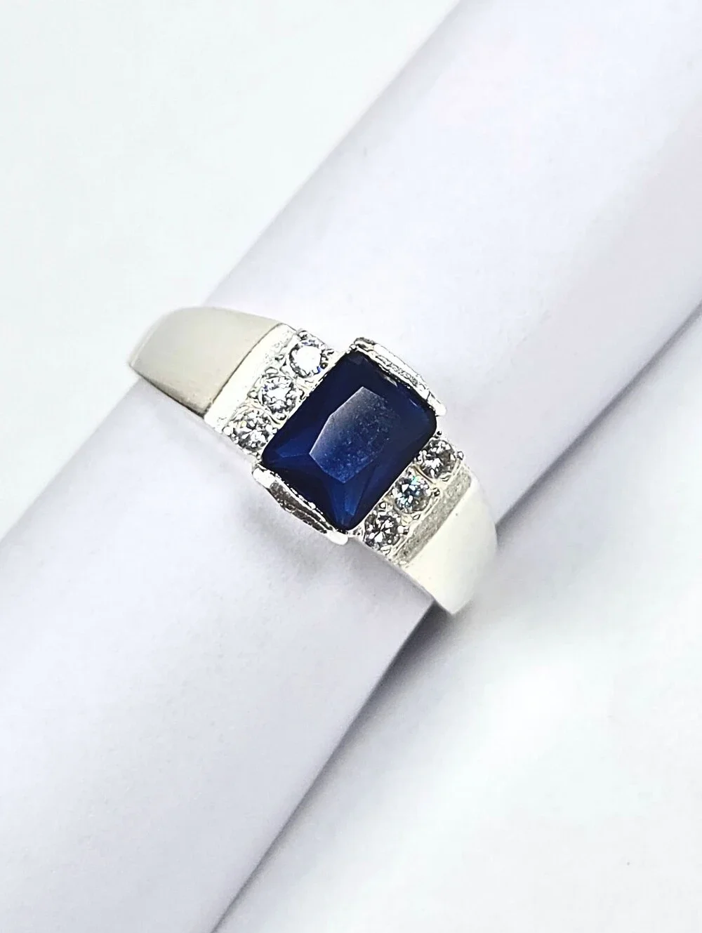 Men's Rectangular Blue CZ Ring 925 Sterling Silver Statement Ring Size 11
